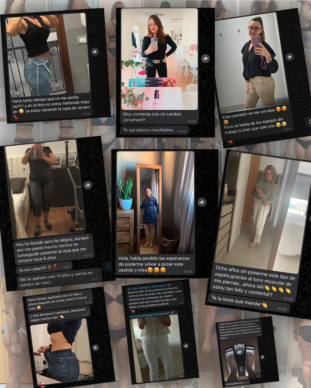 Collage de conversaciones reales de alumnas en WhatsApp